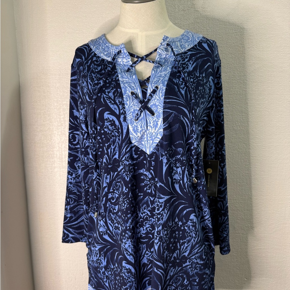 JM Collection Navy and Light Blue Blouse lace up front NWTs size S
